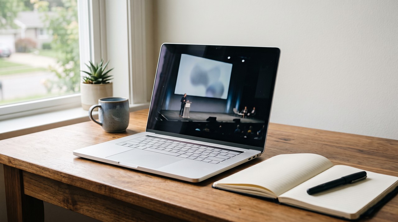 A laptop paused on a recorded conference talk next to an open notebook