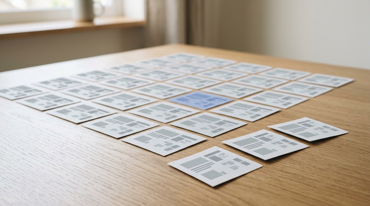 A grid of near identical printed frames with three lifted out of it