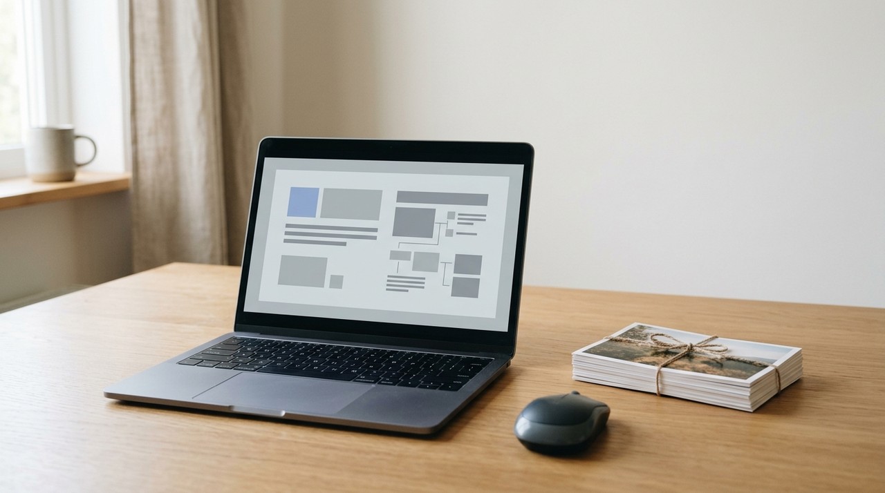 A laptop showing a still slide beside a stack of printed frames on a desk