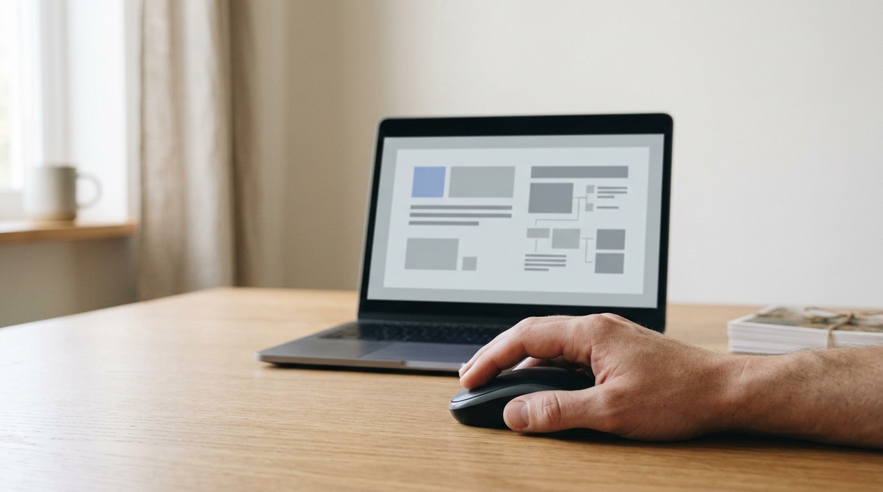 A hand on a mouse in front of a screen holding one still slide