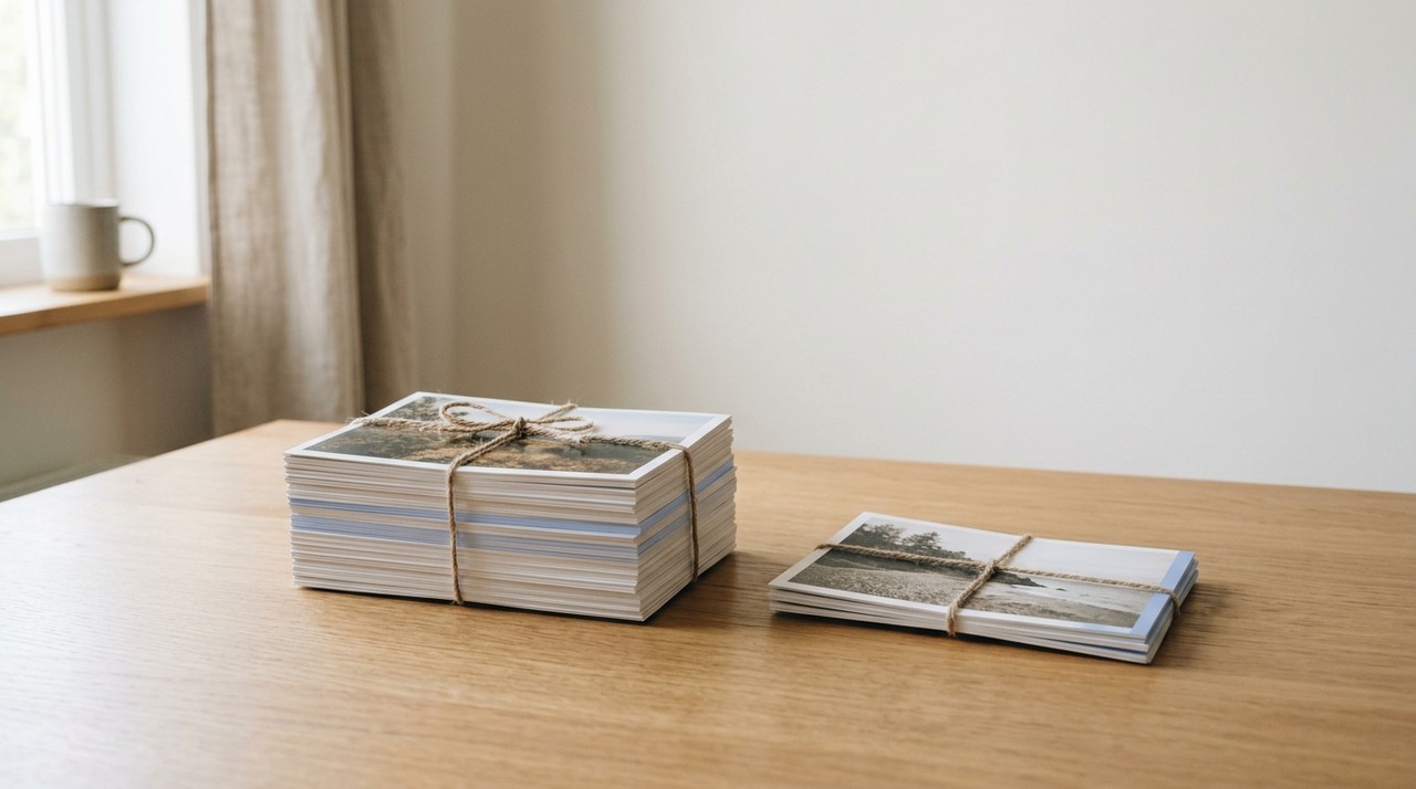 A tall stack of printed frames beside a stack of only three
