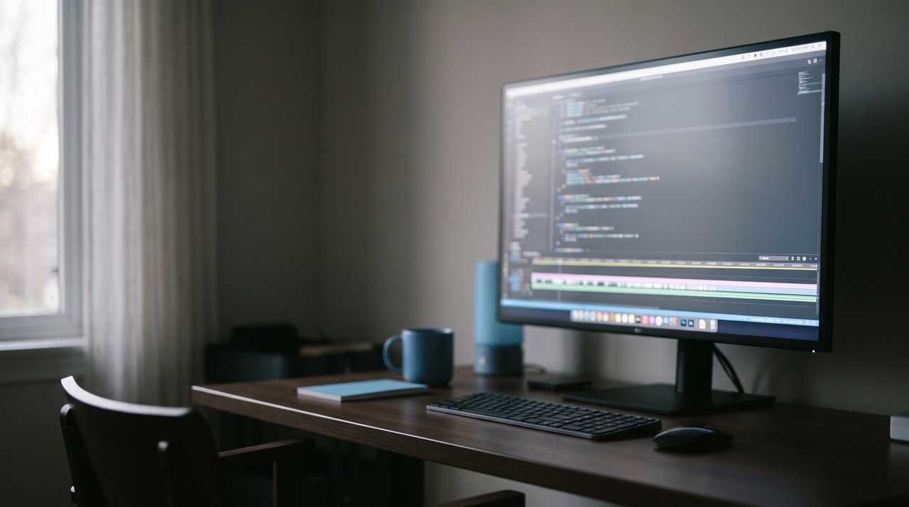 A monitor showing a blurred code editor above a long video timeline, like a recorded coding stream