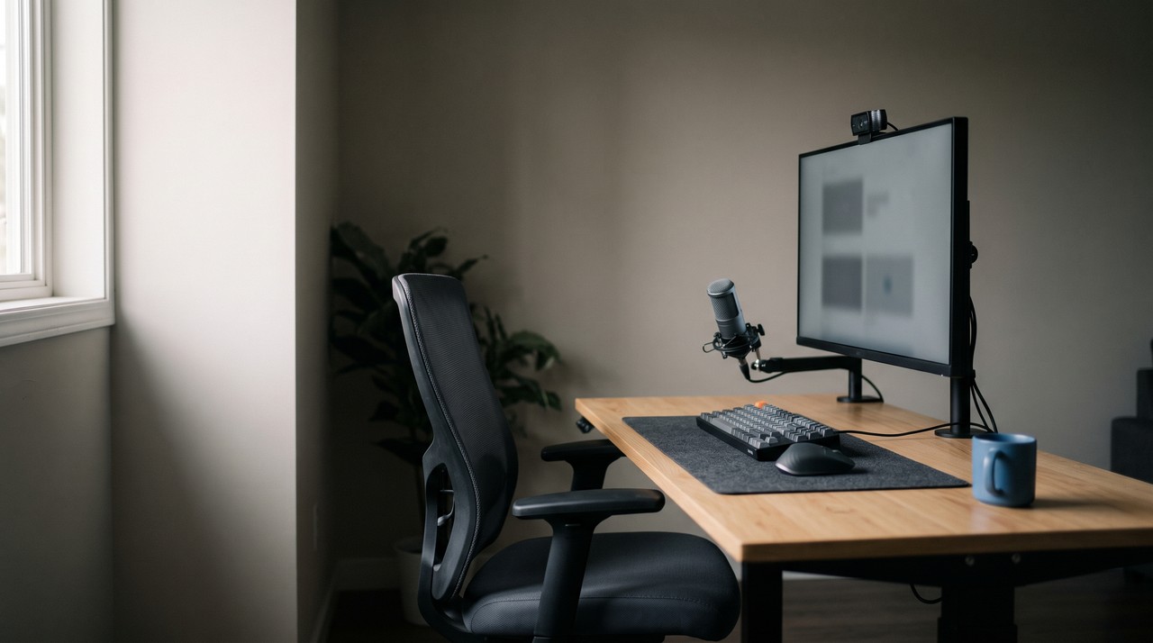 A streaming desk with a webcam on the monitor and a microphone on an arm, where a long coding stream is recorded