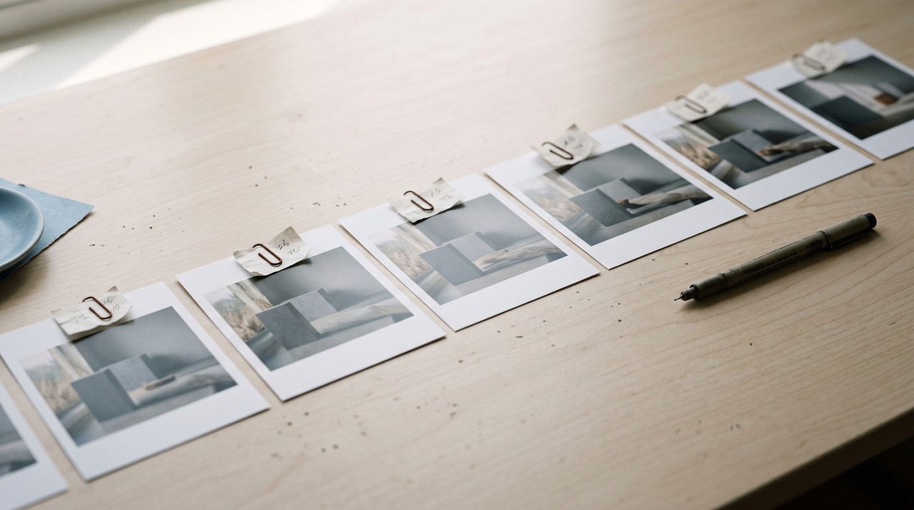A neat row of printed stills each tagged with its moment, like frames named by timestamp