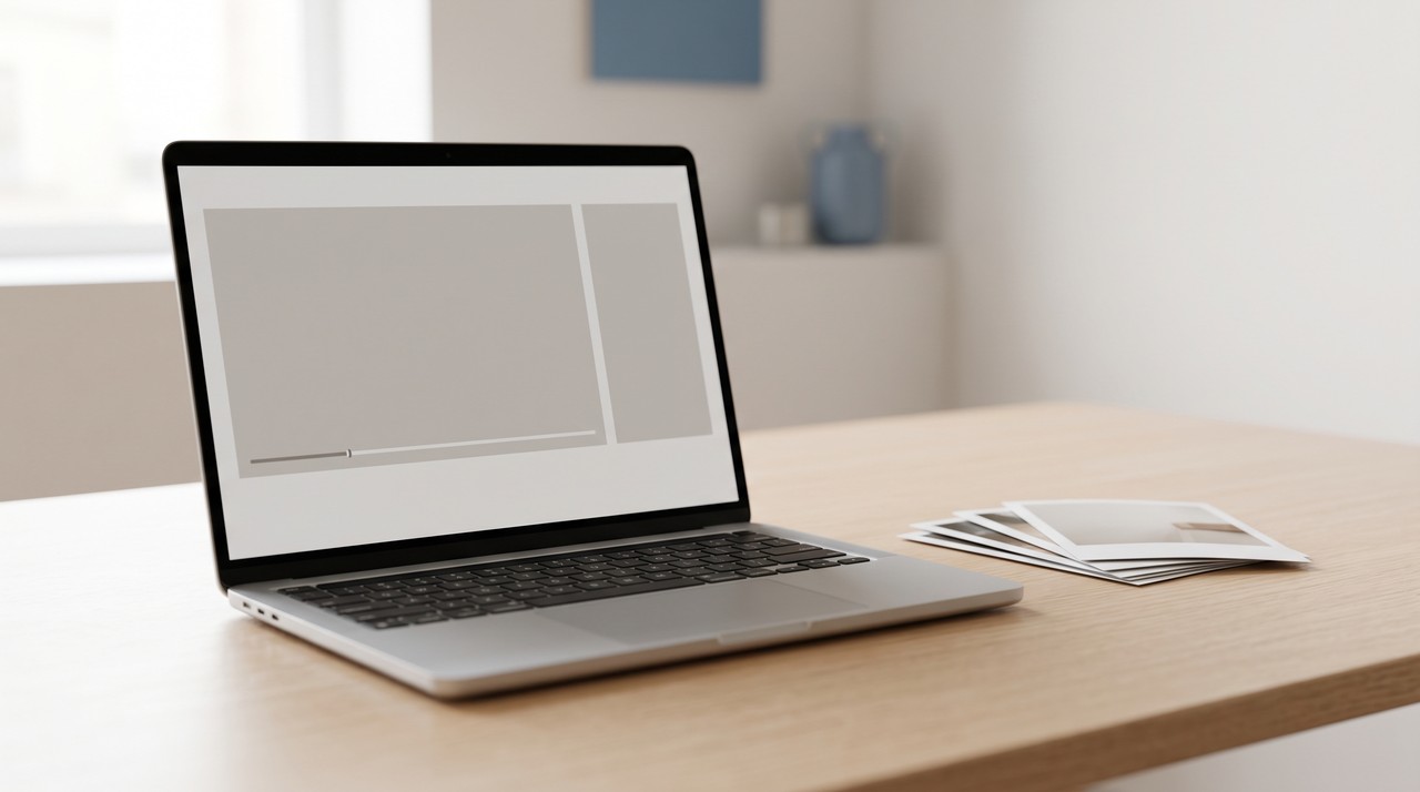 A laptop with a paused video beside a stack of printed stills, like frames saved from a video on Windows