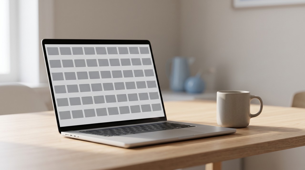 A laptop screen full of near identical thumbnails, the pile a free frame filter leaves behind