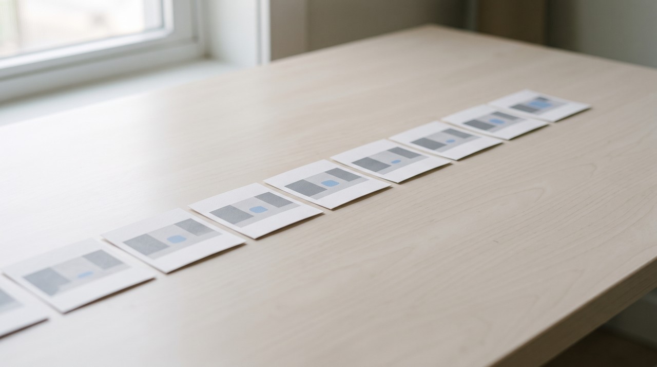 Printed video frames laid in a row, the stills that hold the on-screen text