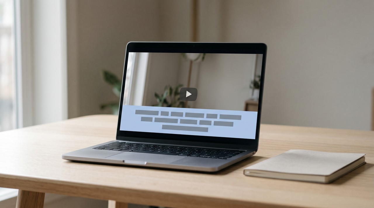 Paused video on a laptop with a caption on screen, the text a transcript would miss