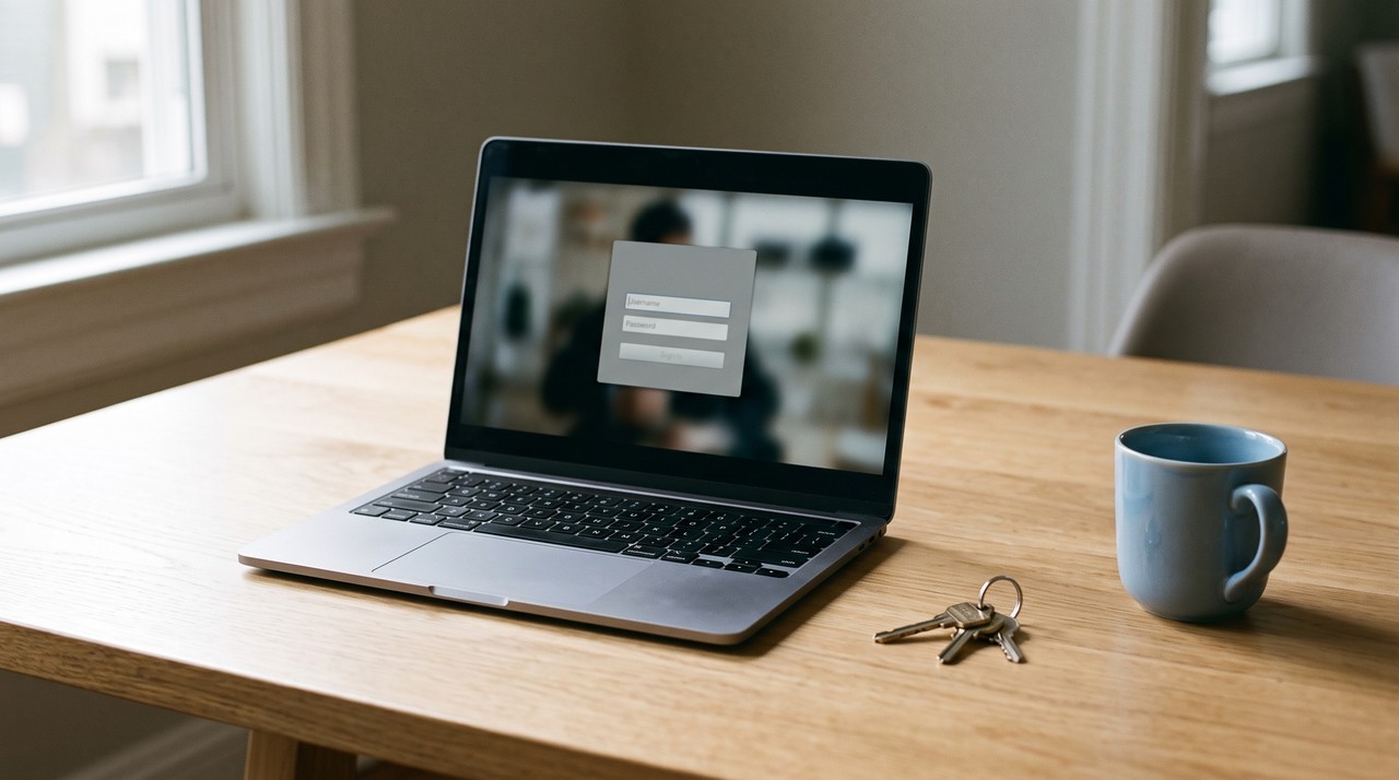A laptop showing a sign in box over a video, like a private group video that needs a login