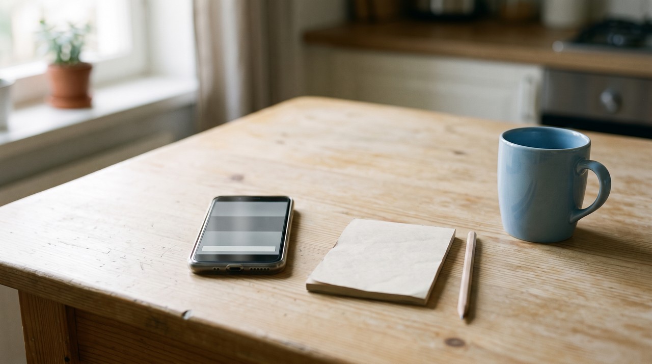A phone showing a video beside a notepad and pencil, ready to turn the Facebook video into text