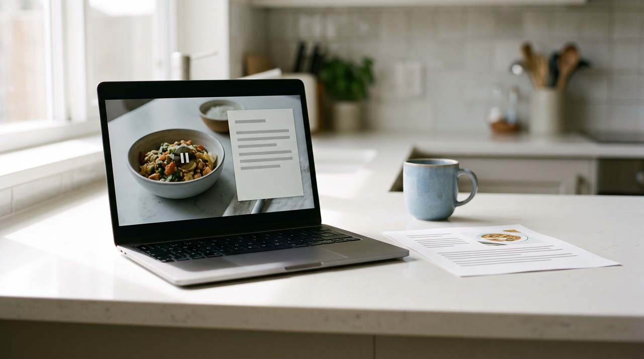 A paused cooking video on a laptop beside a printed page that keeps the on-screen recipe card
