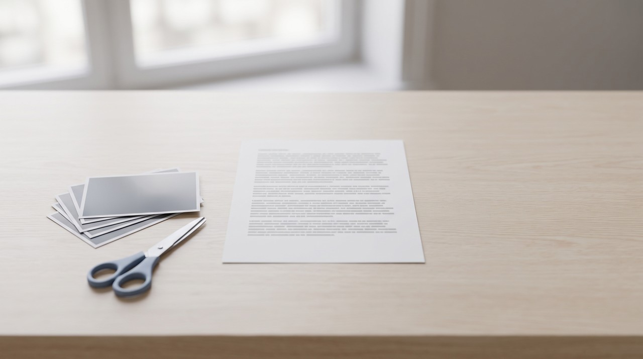 Photo prints set aside with scissors while one text page stays, keeping the words and cutting pictures