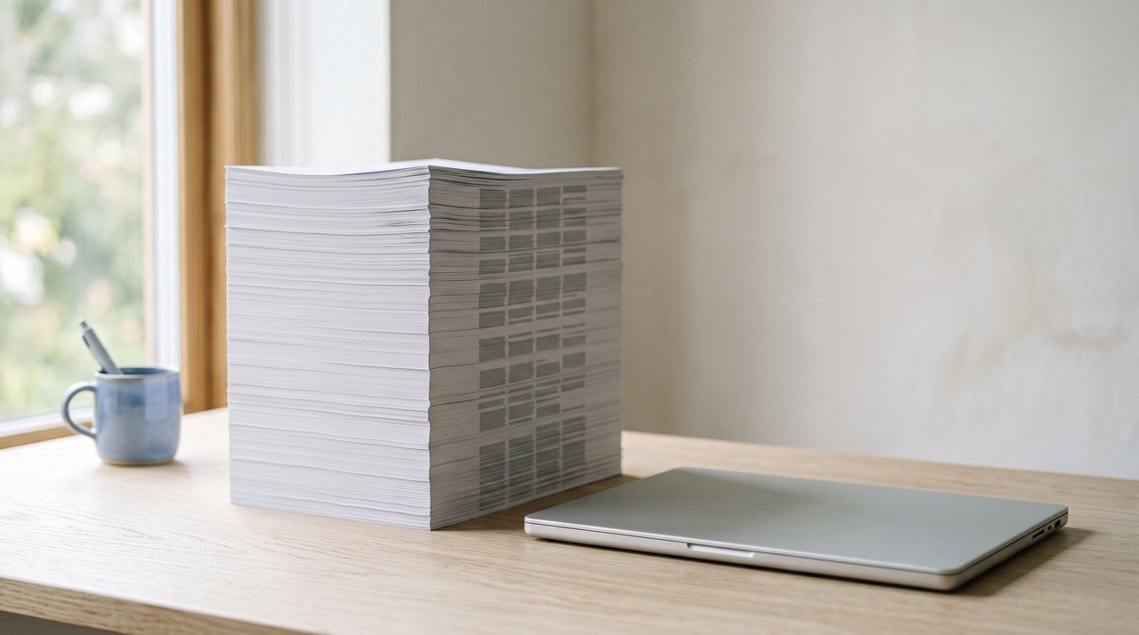 A tall stack of printed pages beside a closed laptop, a long video turned into a document