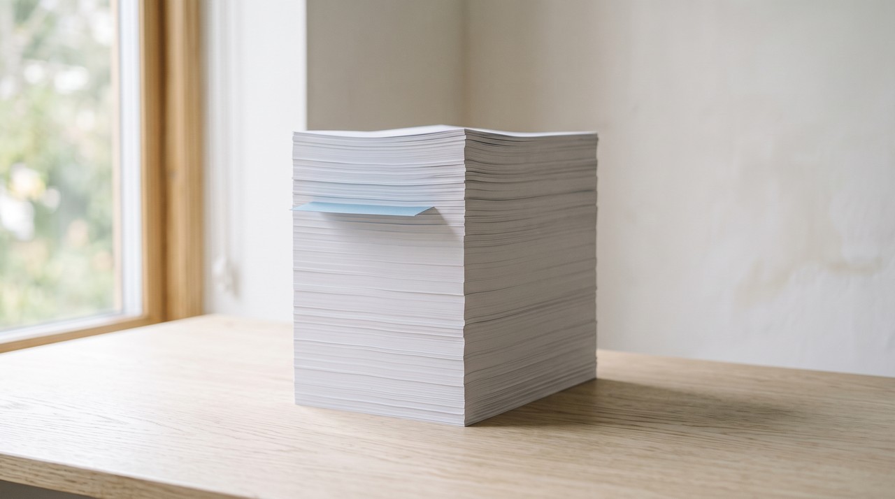 A thick stack of pages with one blue divider near the top, marking the 100 page line