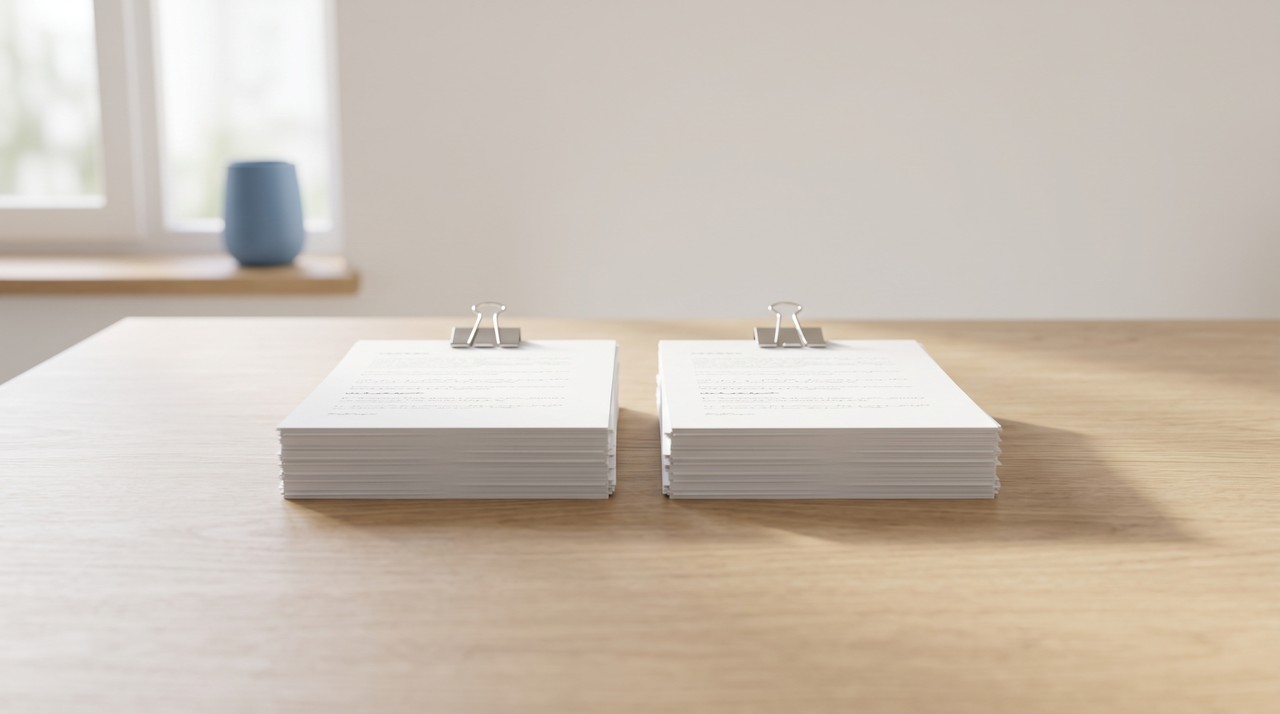 Two clipped stacks of pages side by side, one long PDF split into two parts