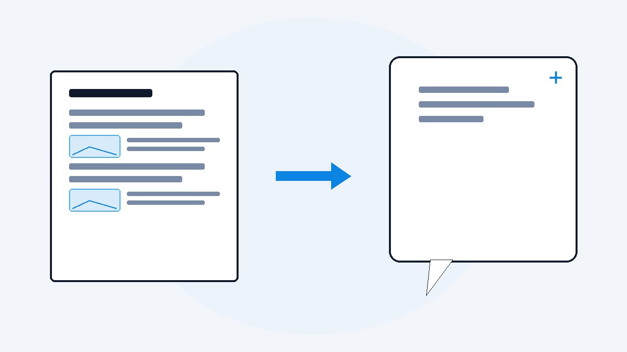 A document holding transcript text and captured screen images, with an arrow carrying it into an AI chat bubble