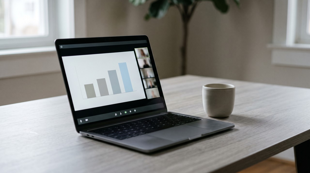 A laptop showing a paused video call with a chart slide shared, a coffee cup beside it
