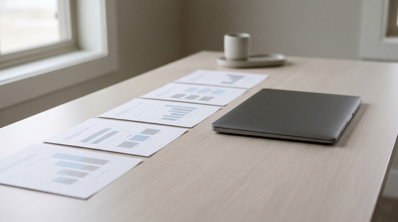 Printed meeting slides with simple charts in a row beside a laptop, the part a transcript leaves out