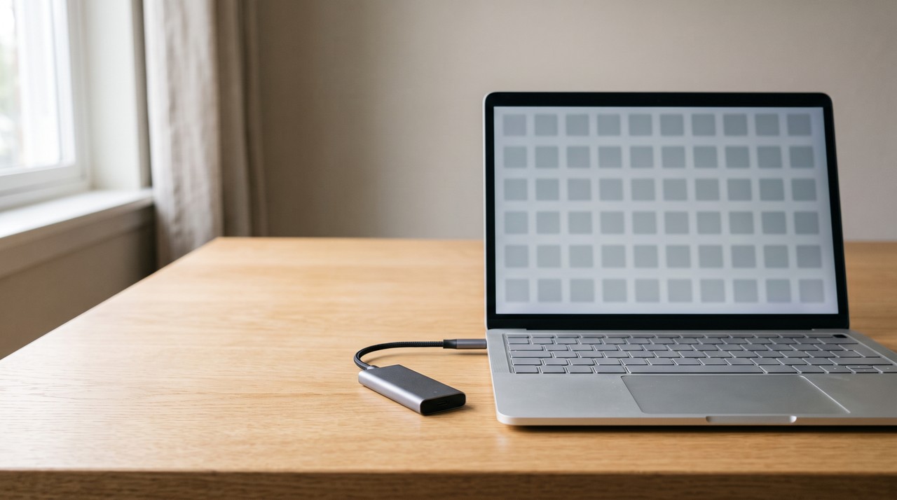 An external drive plugged into a laptop showing a grid of image thumbnails, for storing frames