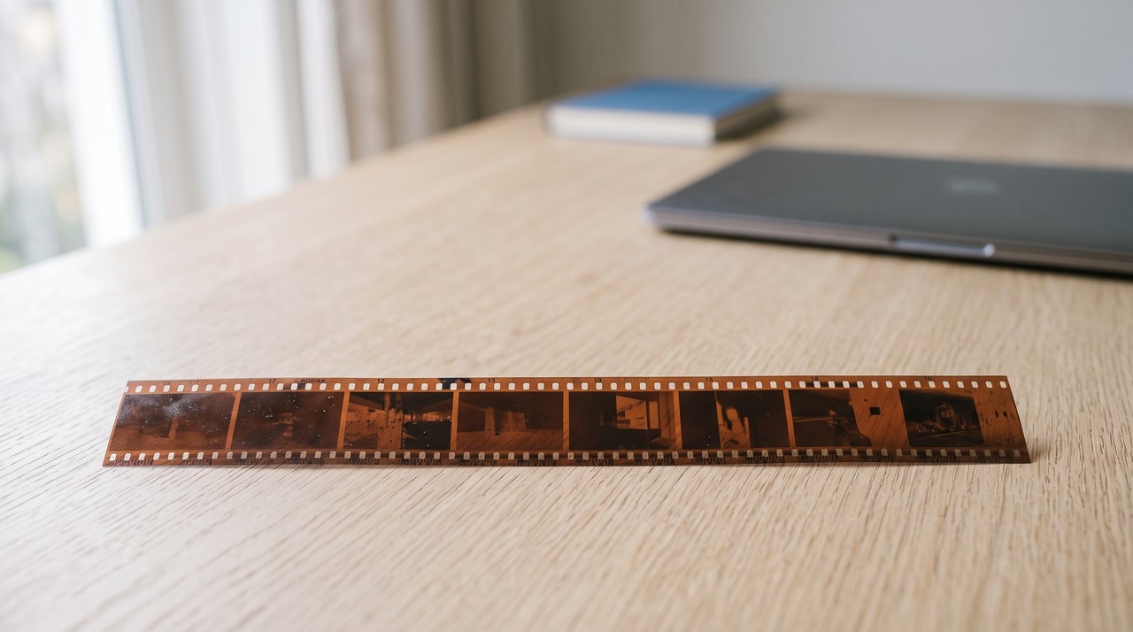A strip of film frames lying on a wooden desk, each frame one still picture from a video
