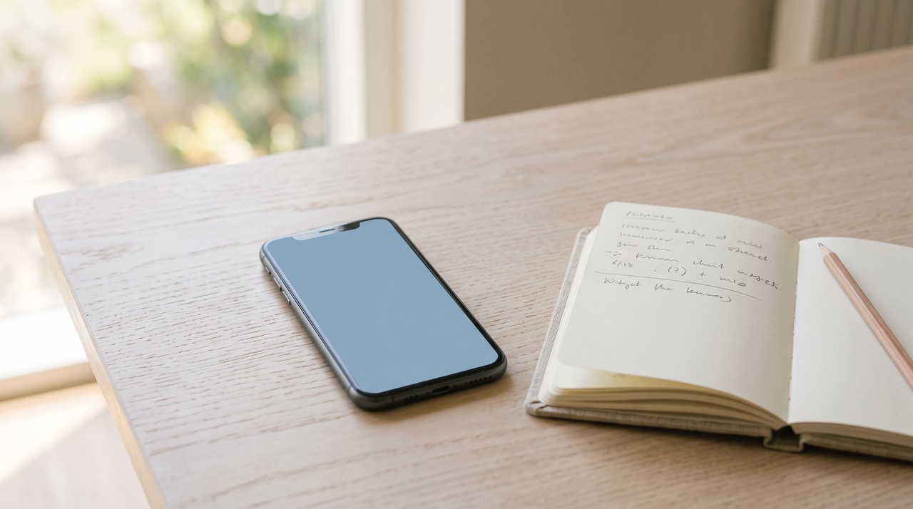 A phone lying beside an open notebook, a short phone video turned into written notes