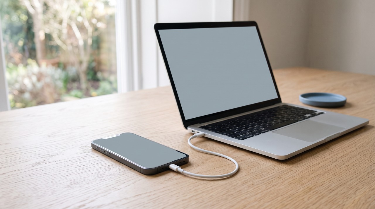 A phone joined to an open laptop by a short cable, moving a saved reel to the computer