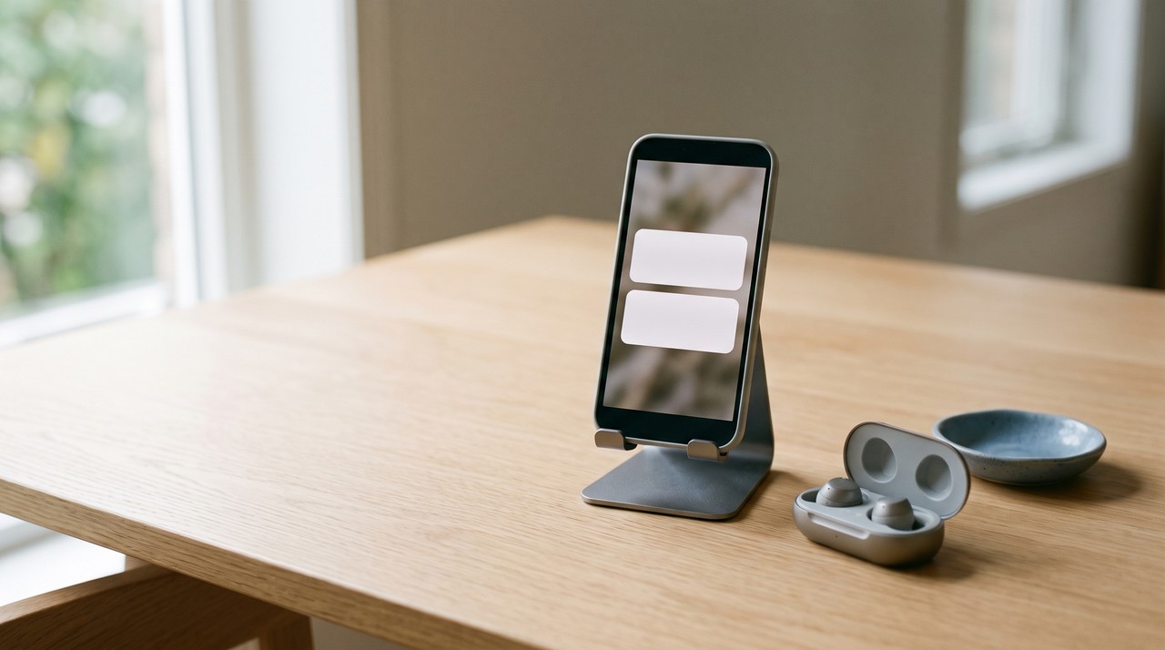 A phone on a stand showing blank text cards, with earbuds unused beside it