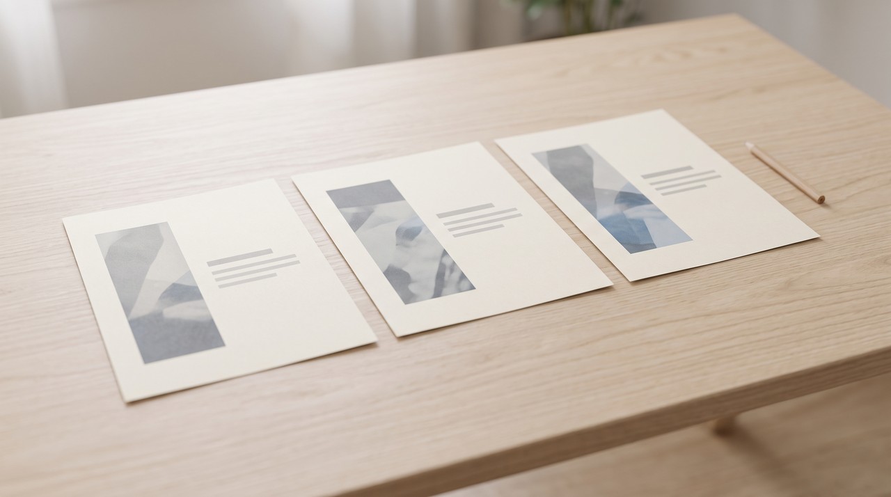Three printed pages, each with a tall narrow picture beside lines of text