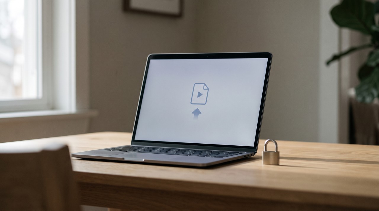 A laptop about to upload a video file, with a small padlock on the desk beside it