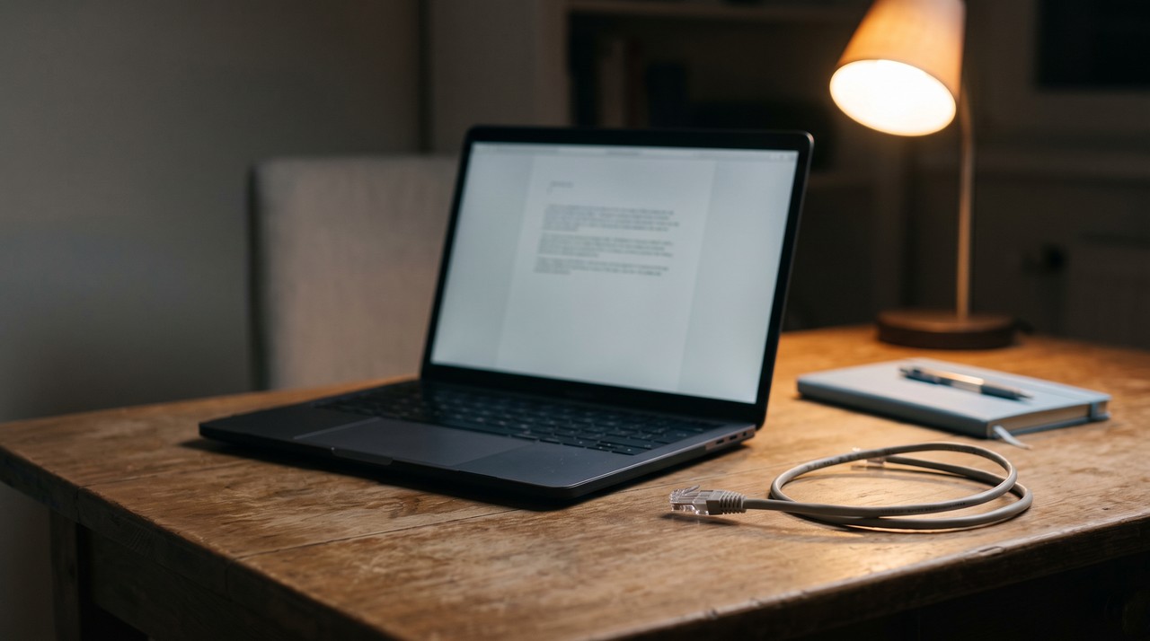 A laptop transcribing on its own with the network cable unplugged beside it