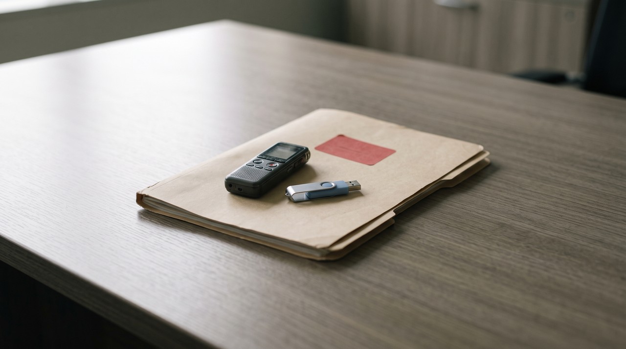 A confidential folder with a voice recorder and a USB stick on an office desk