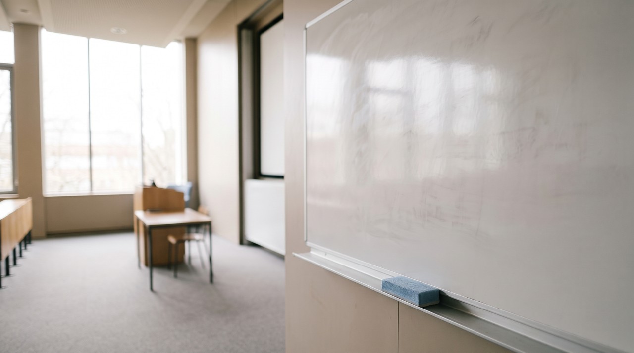 A wiped whiteboard with faint marker ghosting, the part of a lecture a transcript never keeps