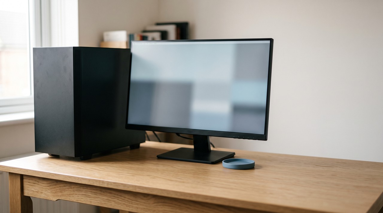 A home desktop computer in a quiet study, where a lecture recording is converted locally
