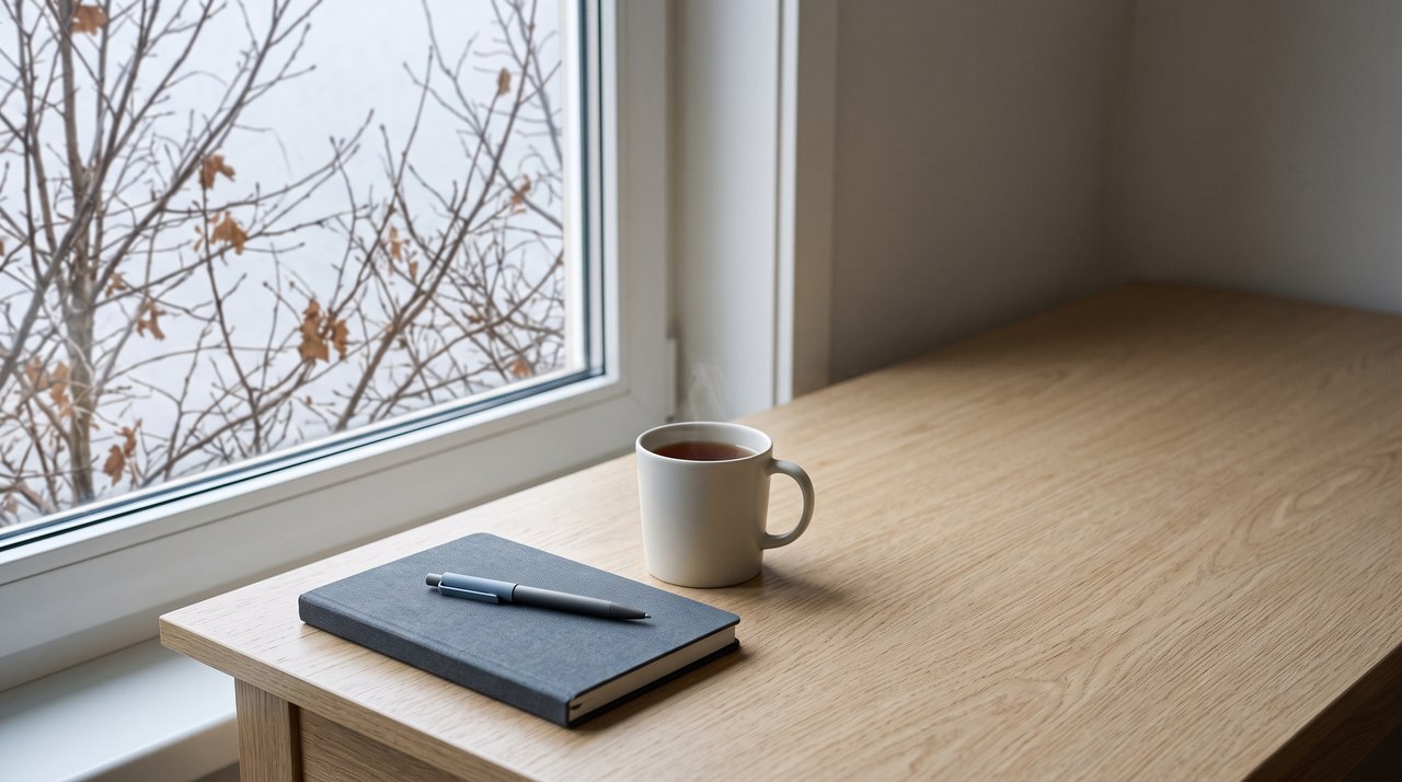 A quiet study desk in late autumn light, months after the lecture was recorded