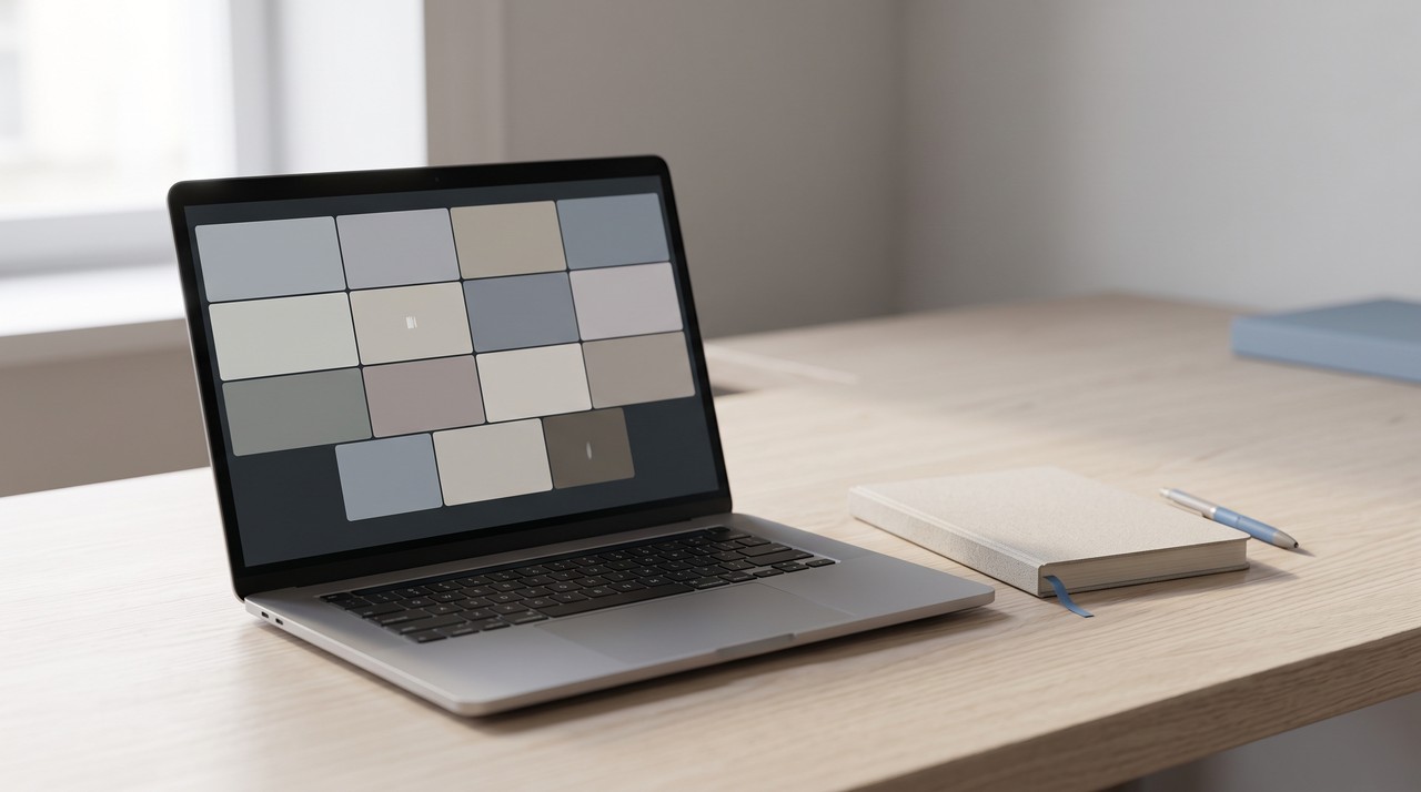 A laptop on a desk showing a paused video meeting, with a notebook beside it after the call