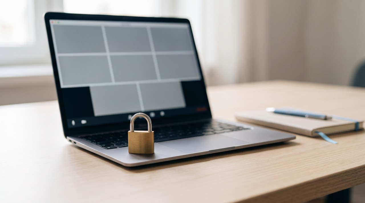 A small padlock on a laptop keyboard, like a meeting recording you can watch but not download