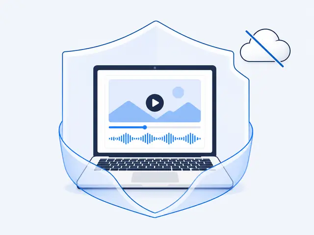 A laptop processing video inside a privacy shield without cloud upload