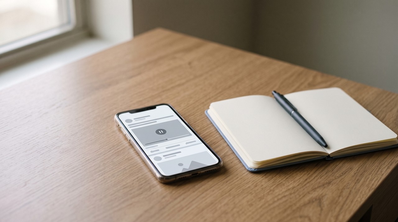 A phone paused on a video post next to an open notebook and pen
