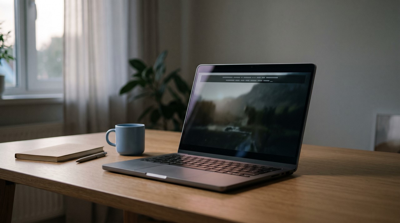 A laptop playing a video with a caption strip across the top of the screen