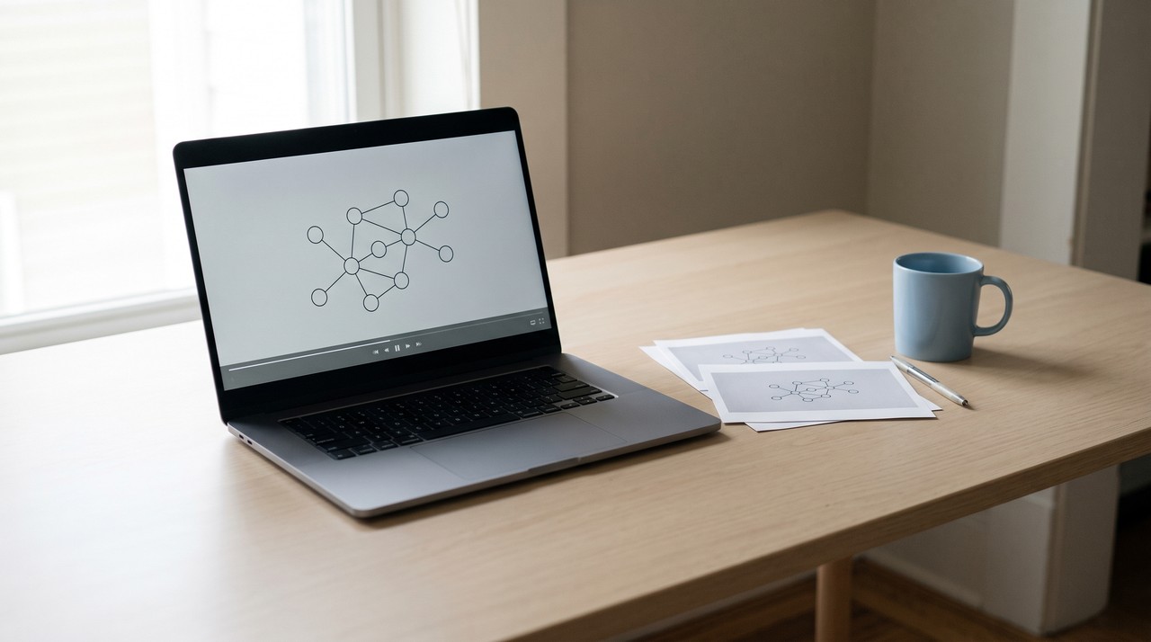 A laptop paused on a video diagram with printed stills of it on the desk