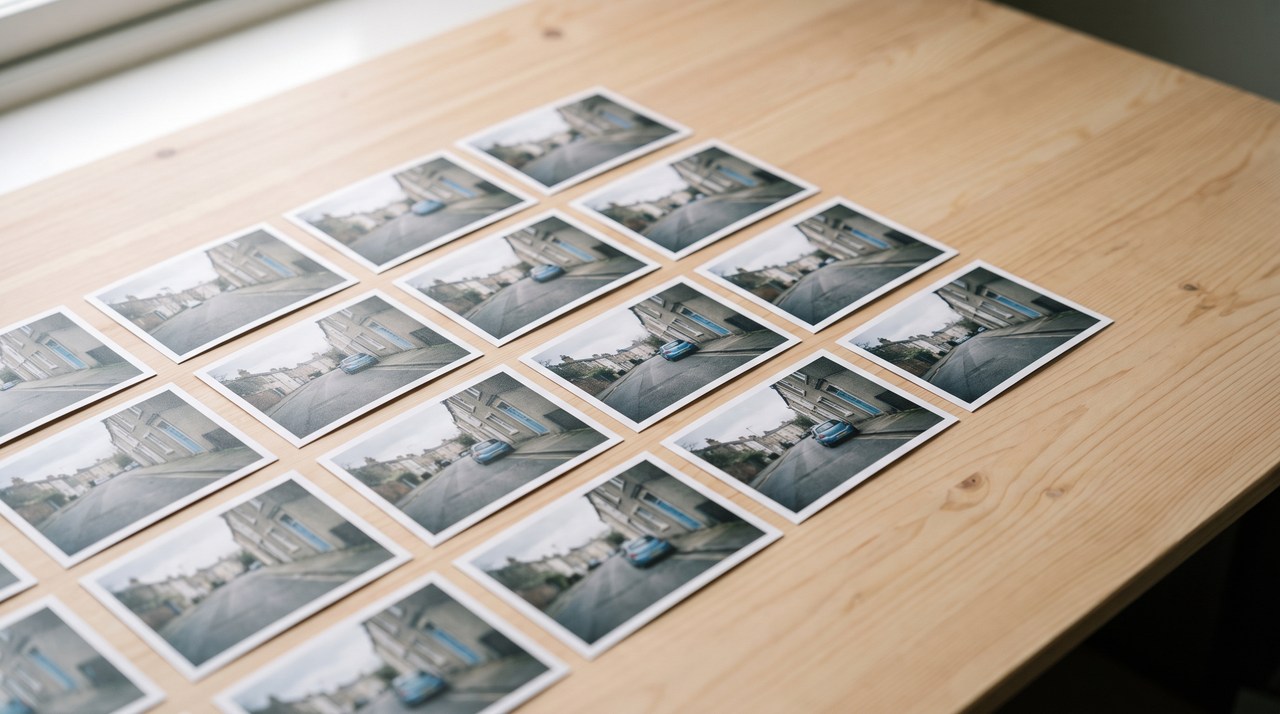 Rows of small printed photos of the same scene laid on a desk, like frames pulled from a video