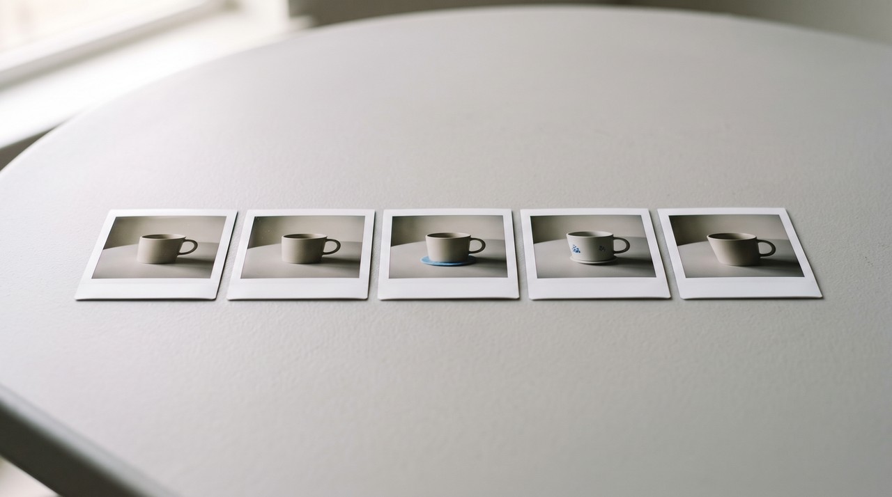 Five almost identical photo prints of one coffee cup in a row, the near duplicates a video gives you