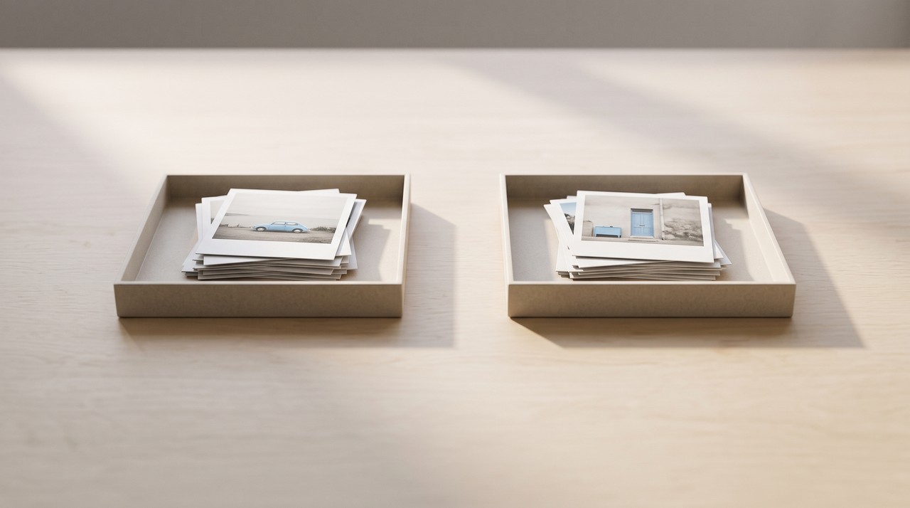 Two separate trays of photo prints on a desk, kept apart like training and test images