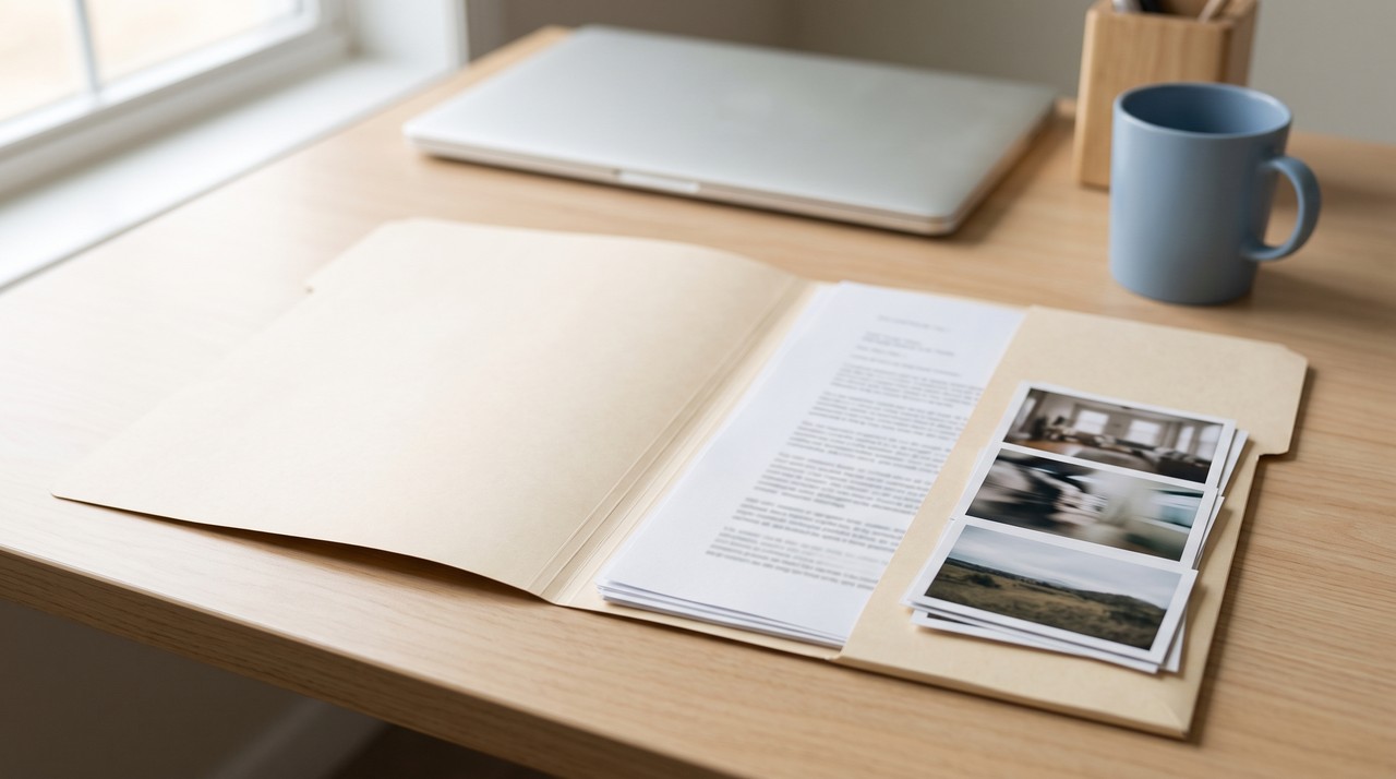An open paper folder holding typed note pages and printed video stills together