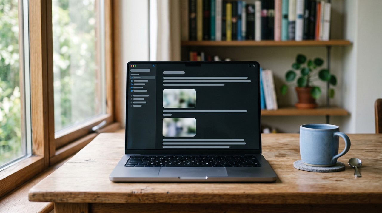 A laptop on a study desk showing a dark notes app with video stills between the lines