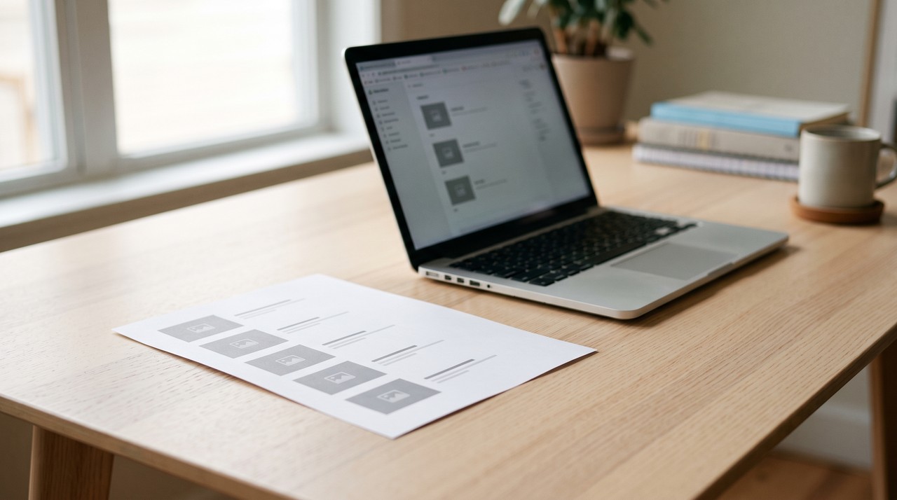 A printed step by step guide with a screenshot for each step, next to a laptop