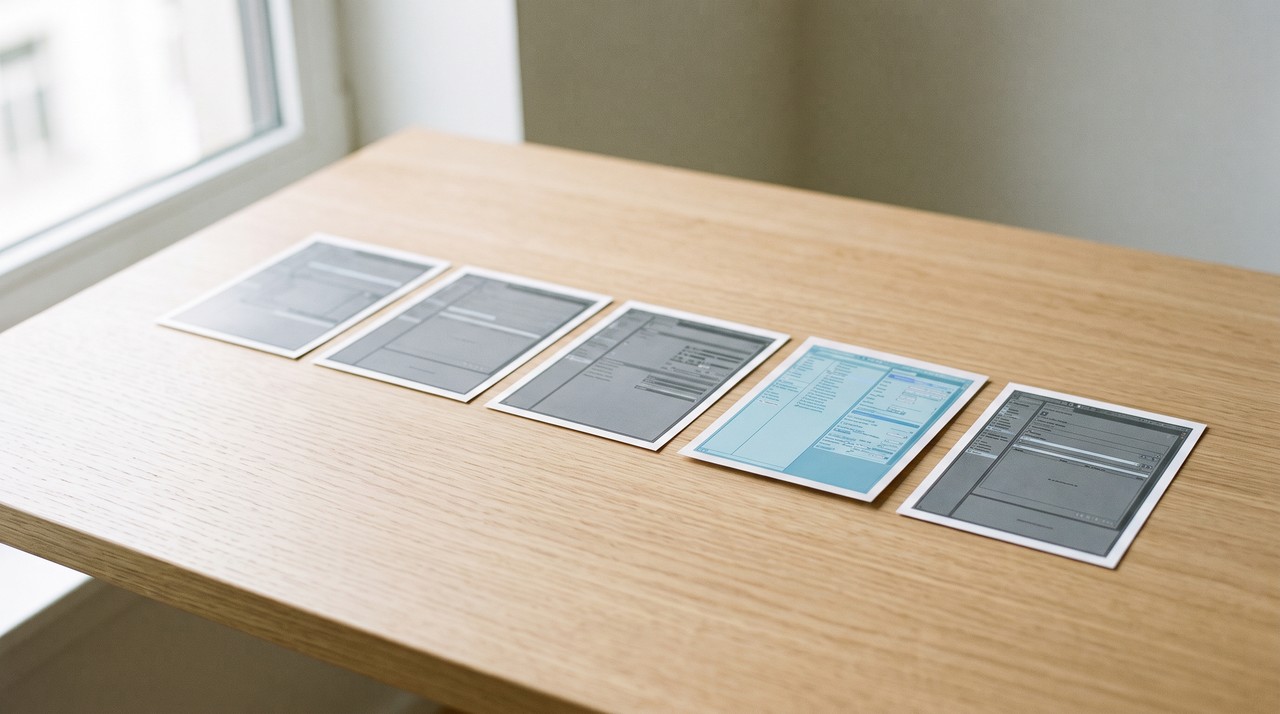 A row of printed video stills with one of them in blue, picked out from the rest