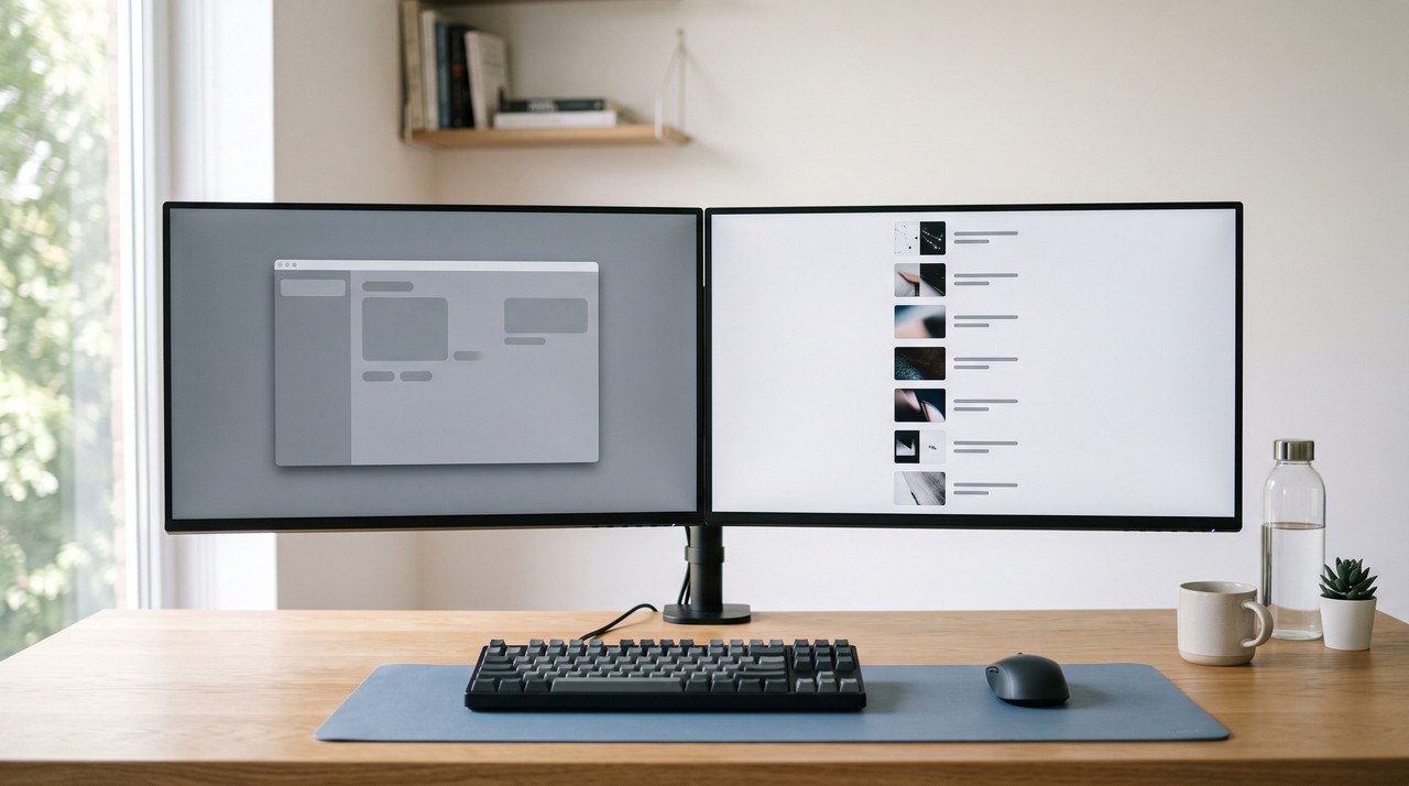 Two monitors on a desk, one with an app open and one with a picture guide