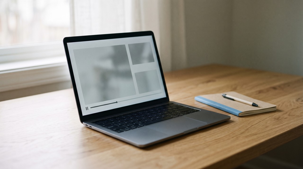 A laptop playing an online video next to a notebook, ready to turn the video into text