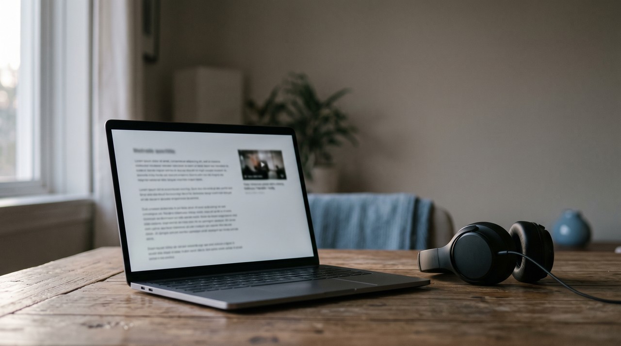A downloaded video being turned into text on a laptop at home, with headphones beside it